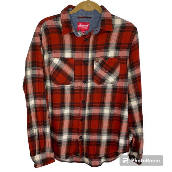 Coleman Men’s Casual Red Plaid Flannel Long Sleeve Button Down Shirt w/ Pockets - Picture 2 of 7